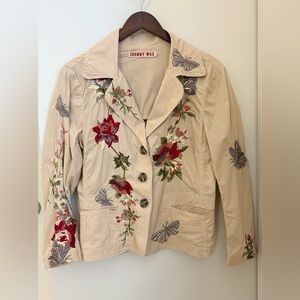 Johnny Was Beige/Cream Blazer Jacket with Red Floral Butterfly Embroidery Sz: L